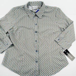 Women's Kathy Che Blouse  W/Geometric Design Button Down Stretch Size 12
